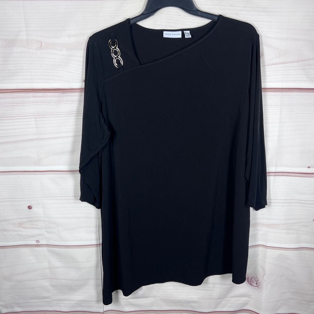 Susan Graver Liquid Knit Tunic Womens 2X Black Asymmetric 3/4 Sleeve Blouse